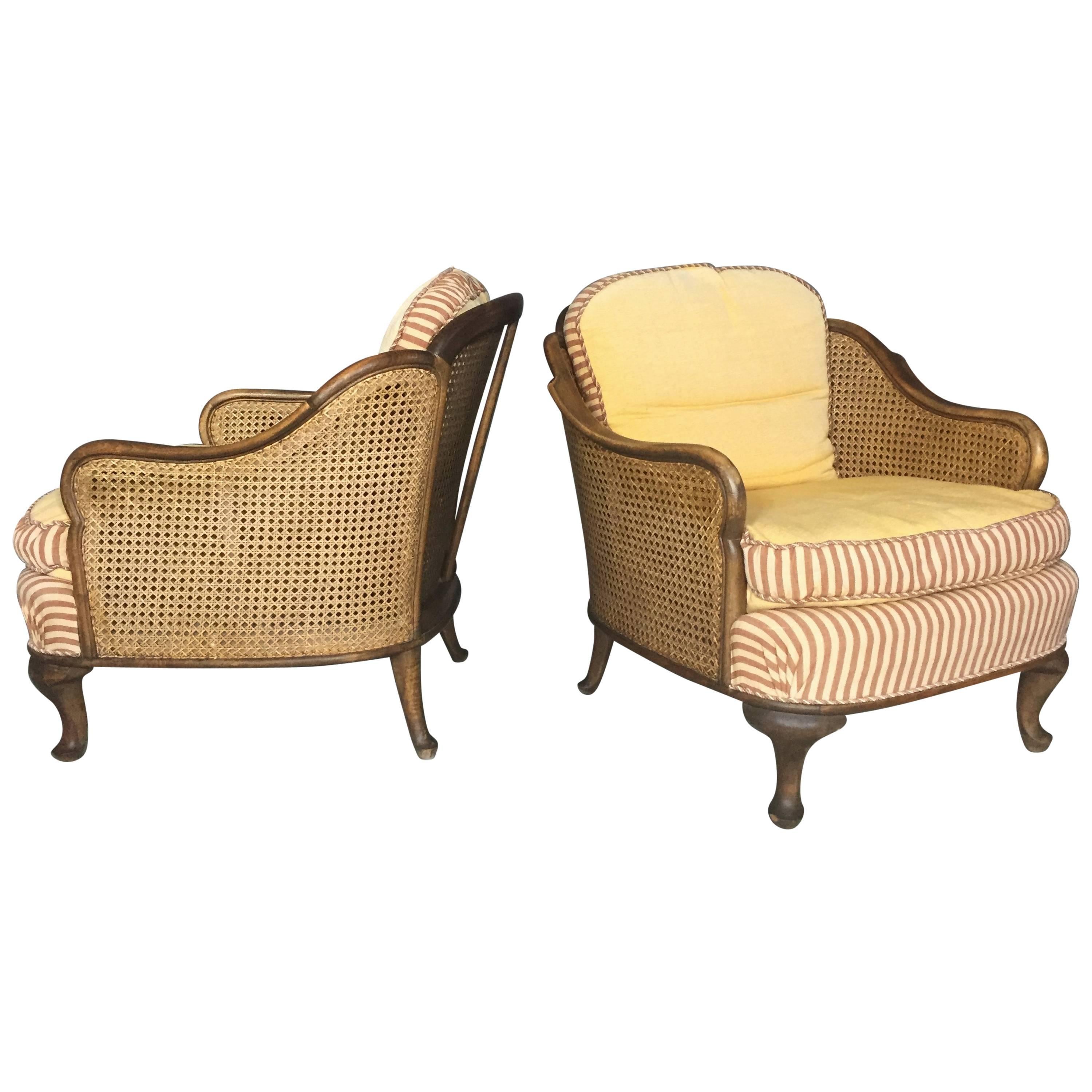 Pair of Bergere Tub Chairs, Walnut and Cane, Sweden, 1930s