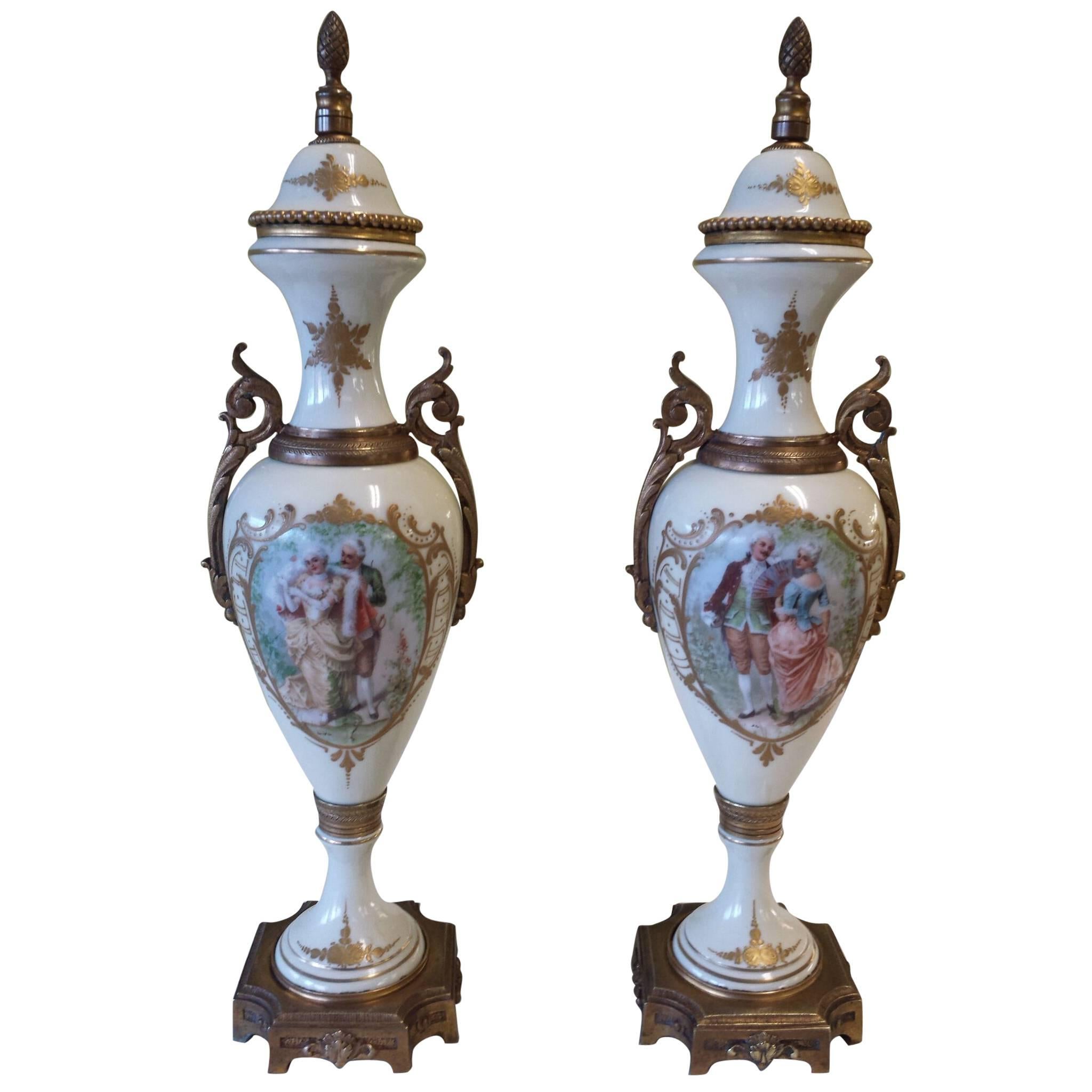 Pair of French Mantle Urns Convertible to Lamp, Bases Factory, Made in France