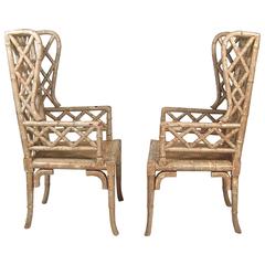 Pair of Chinoiserie Faux Bamboo Wing Chairs