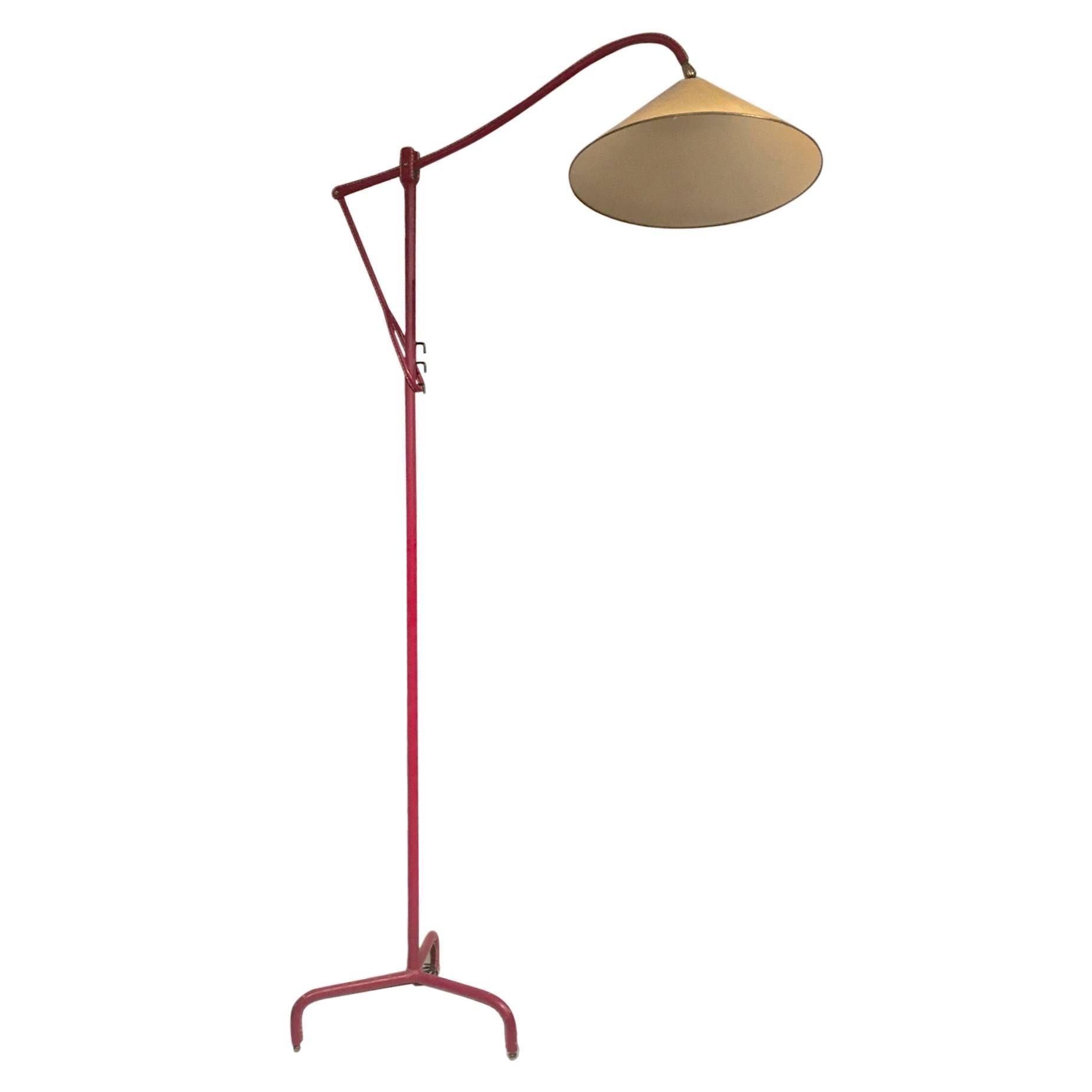 Jacques Adnet Hand-Stitched Leather Reclining Floor Lamp  in Red Hermès Color