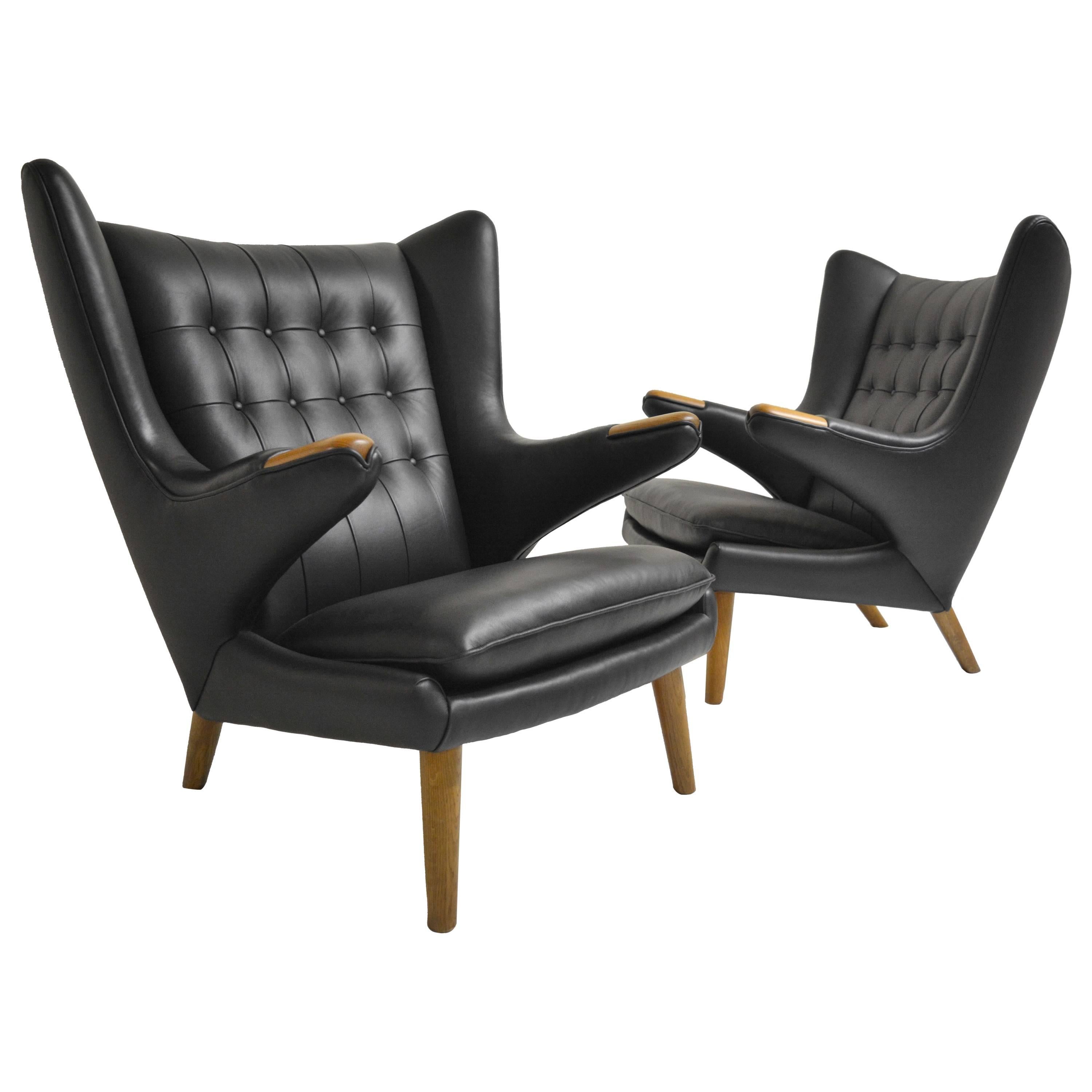 Pair of Early Papa Bear Chairs by Hans Wegner in Black Leather