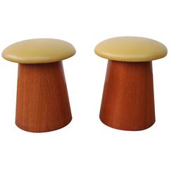 Pair of Teak Leather-Topped Footstools 