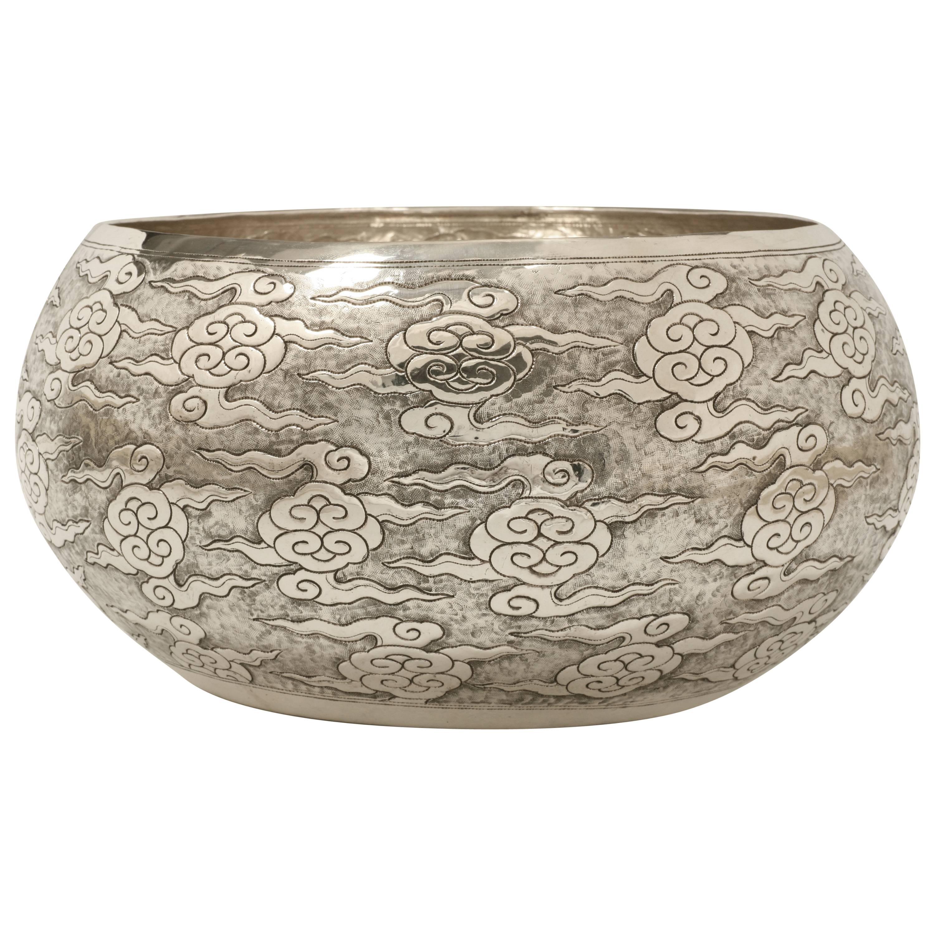 Large Hand-Worked Solid Silver Ceremonial Bowl, Cloud Motif, Centerpiece
