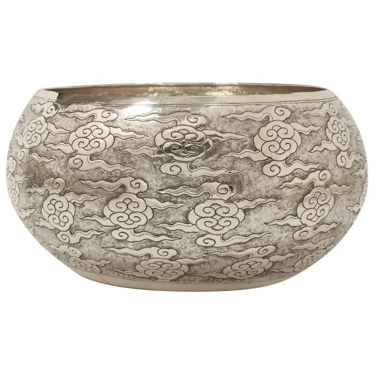 Large Hand-Worked Solid Silver Ceremonial Bowl, Cloud Motif, Centerpiece For Sale