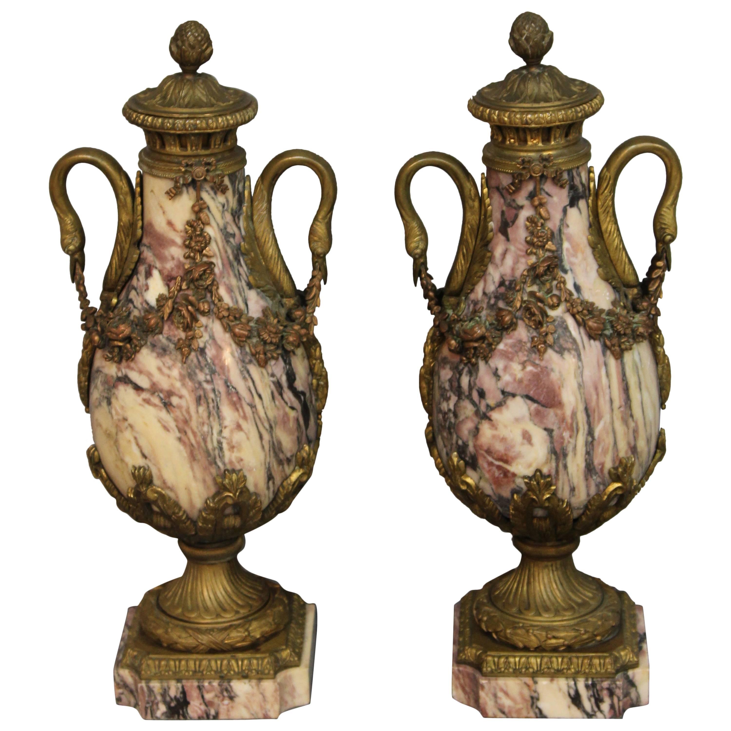 Pair of Pink Marble Urns For Sale