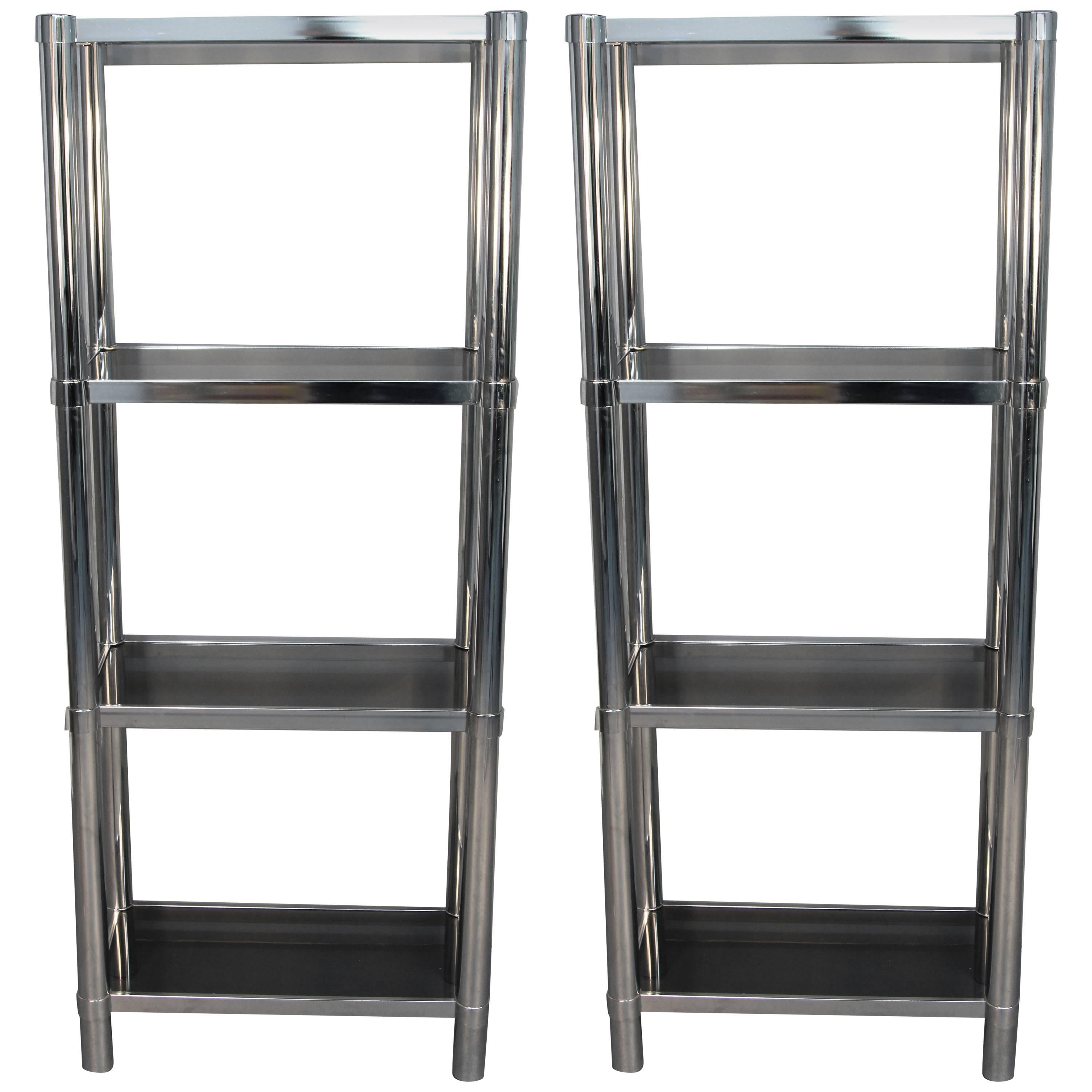 Chrome Tubular Étageré with Smoked Glass Shelves For Sale