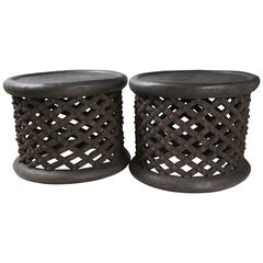 Vintage Cameroon Side Tables, Ottomans Pair
