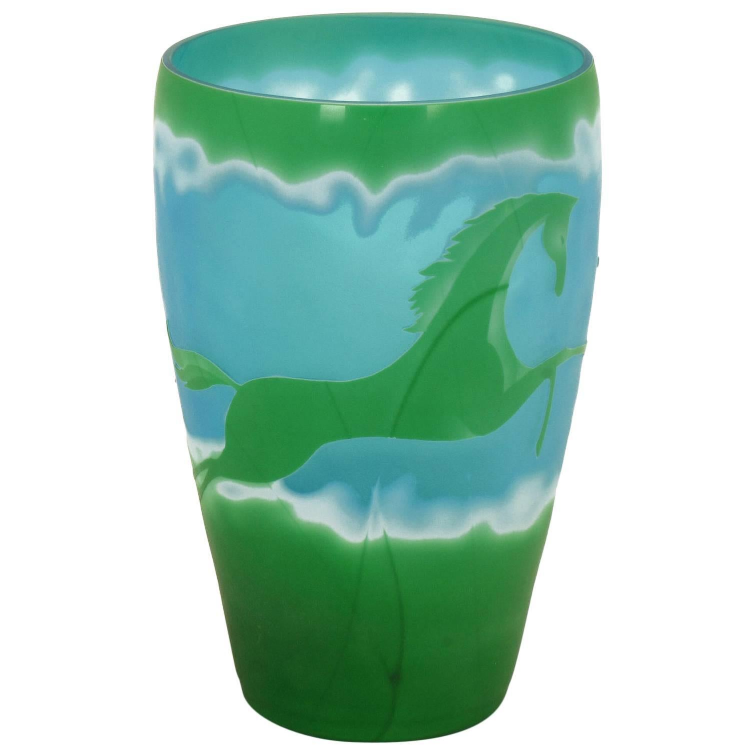 Blue and Green Art Glass Cameo Vase in the Style of Galle at 1stDibs