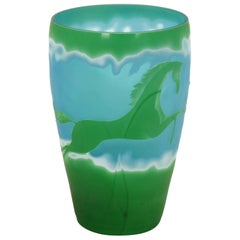 Blue and Green Art Glass Cameo Vase in the Style of Galle