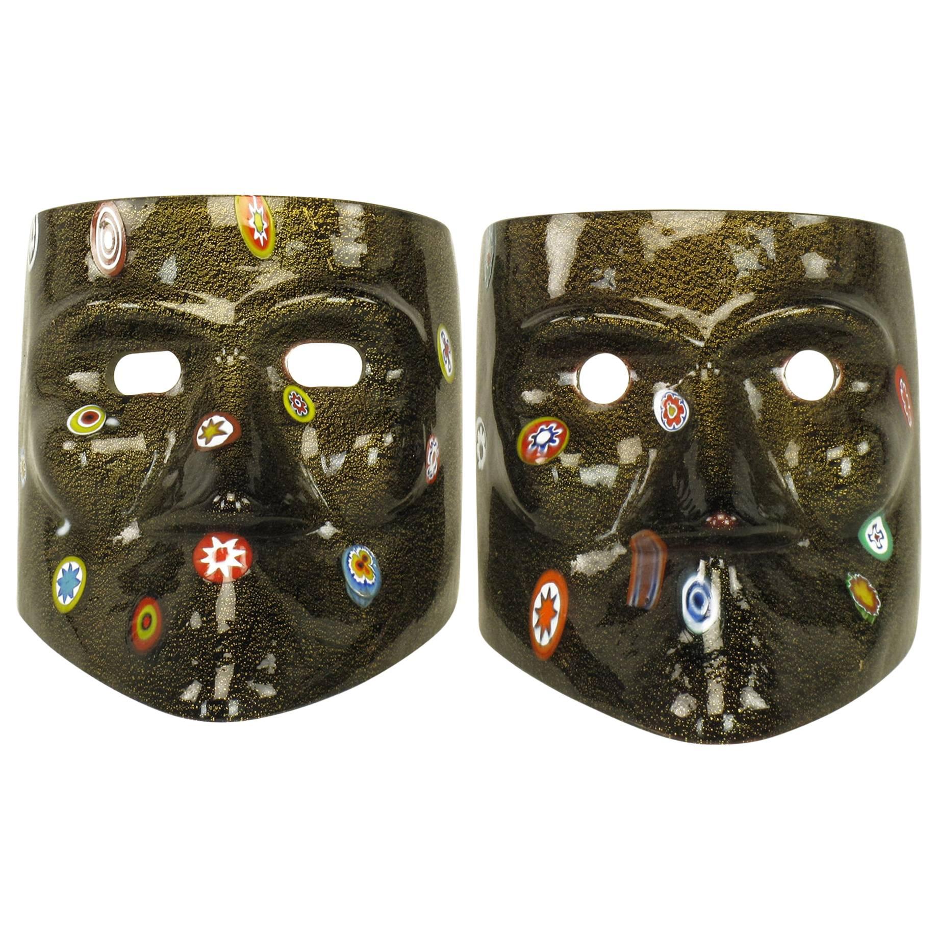 Handblown Gold Flecked and Fused Black Murano Glass Carnivale Masks For Sale