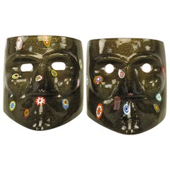 Handblown Gold Flecked and Fused Black Murano Glass Carnivale Masks