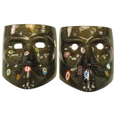 Handblown Gold Flecked and Fused Black Murano Glass Carnivale Masks 1