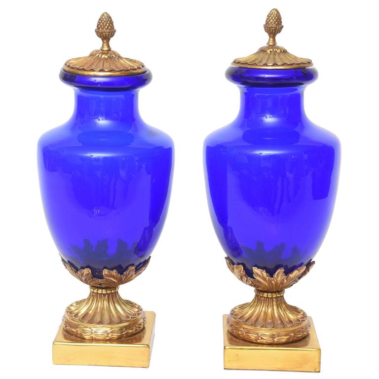 Pair of Cobalt Blue and Doré Bronze Urns For Sale at 1stdibs