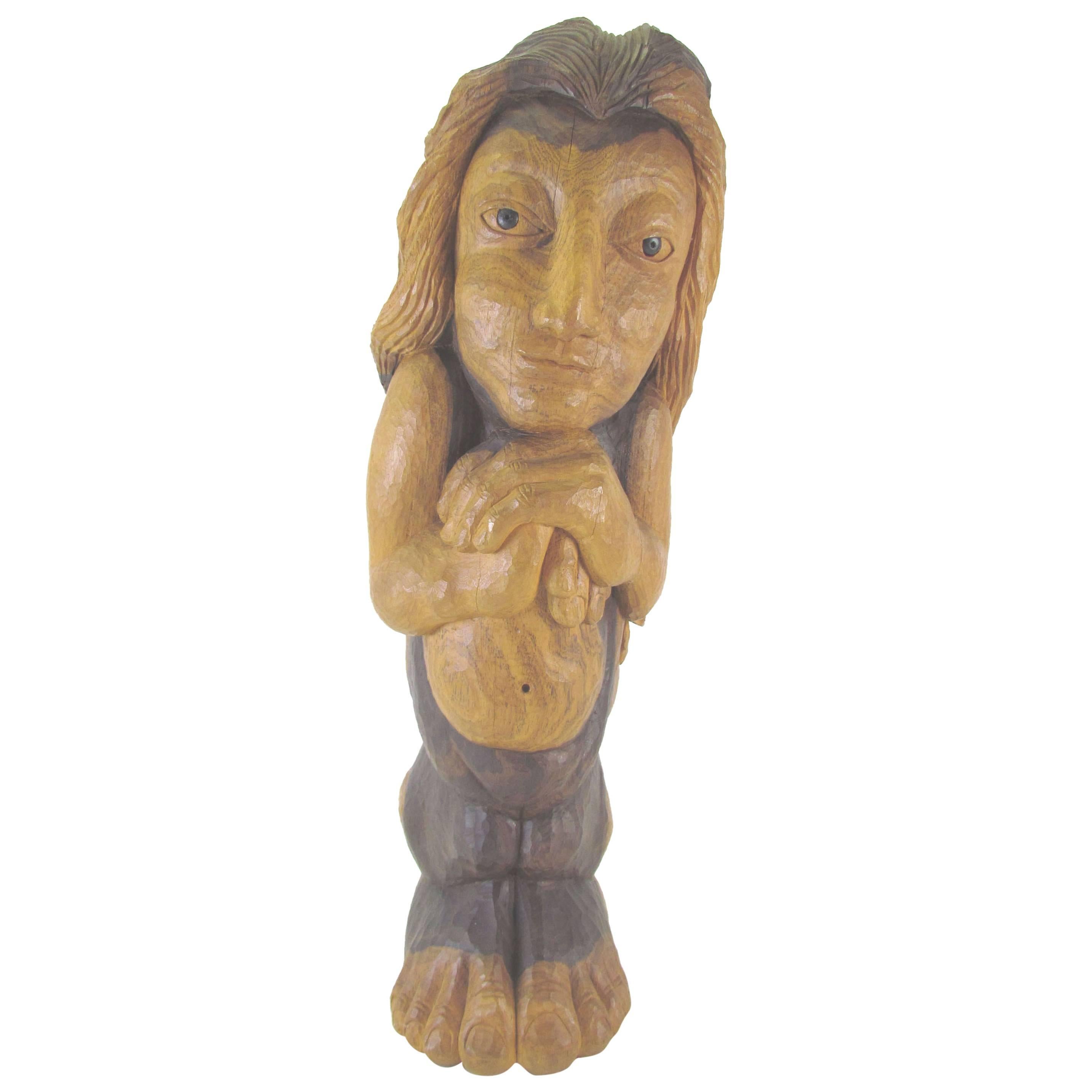 Carved Wood Mid-Century Sculpture Titled “Miss Num” by Diane Derrick For Sale