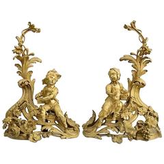 Antique Pair of French Gilt Bronze Figural Chenets