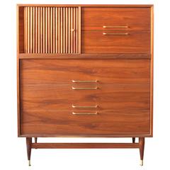 Mid-Century American Walnut 
Brass Highboy Dresser
