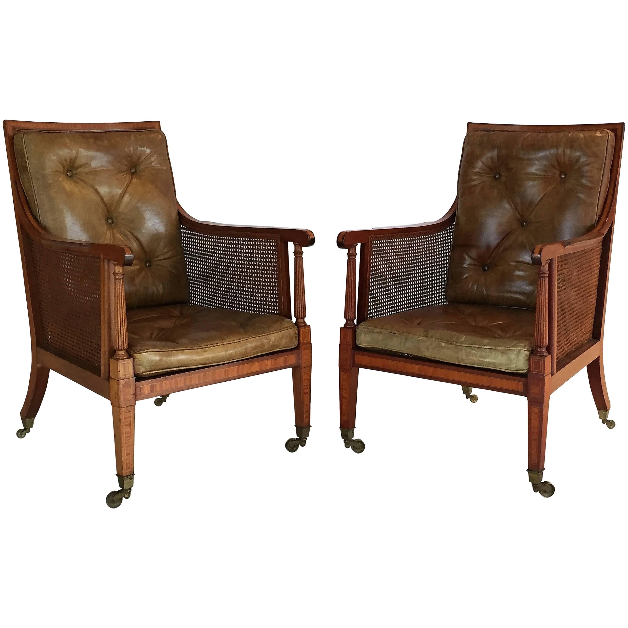 Pair of English Caned Library Bergere Chairs