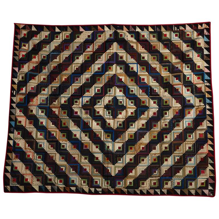 Antique Log Cabin Barn Raising Pieced Silk Quilt For Sale at 1stdibs