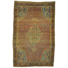 Late 19th Century Antique Hand Knotted Wool Blue and Red Persian Bidjar Rug