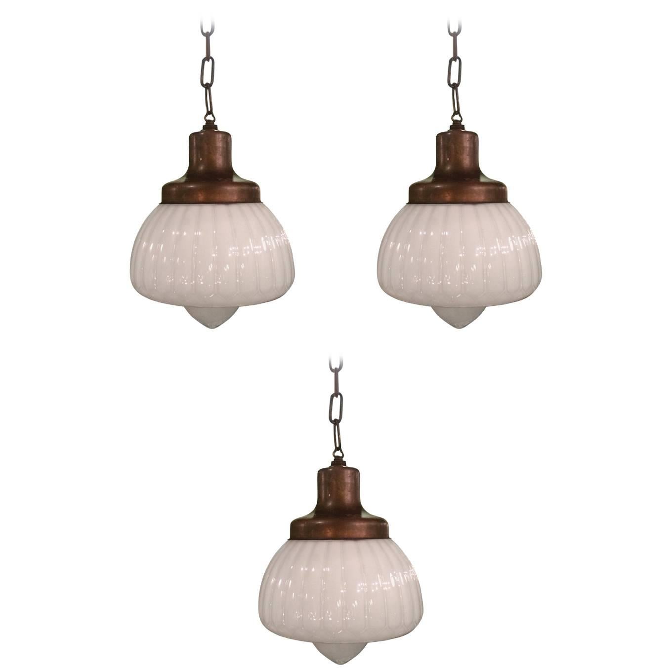 Set of Three Fancy Fluted Milk Glass Library, Pharmacy Pendant Lights