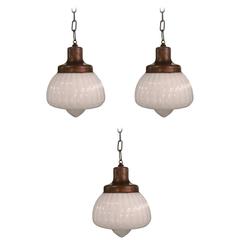 Vintage Set of Three Fancy Fluted Milk Glass Library, Pharmacy Pendant Lights