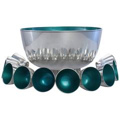 Outstanding Towle Sterling Silver Mid-Century Modern Enameled Punch Bowl Set