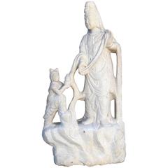 Large Carved Quartz Quan Yin with Attendant