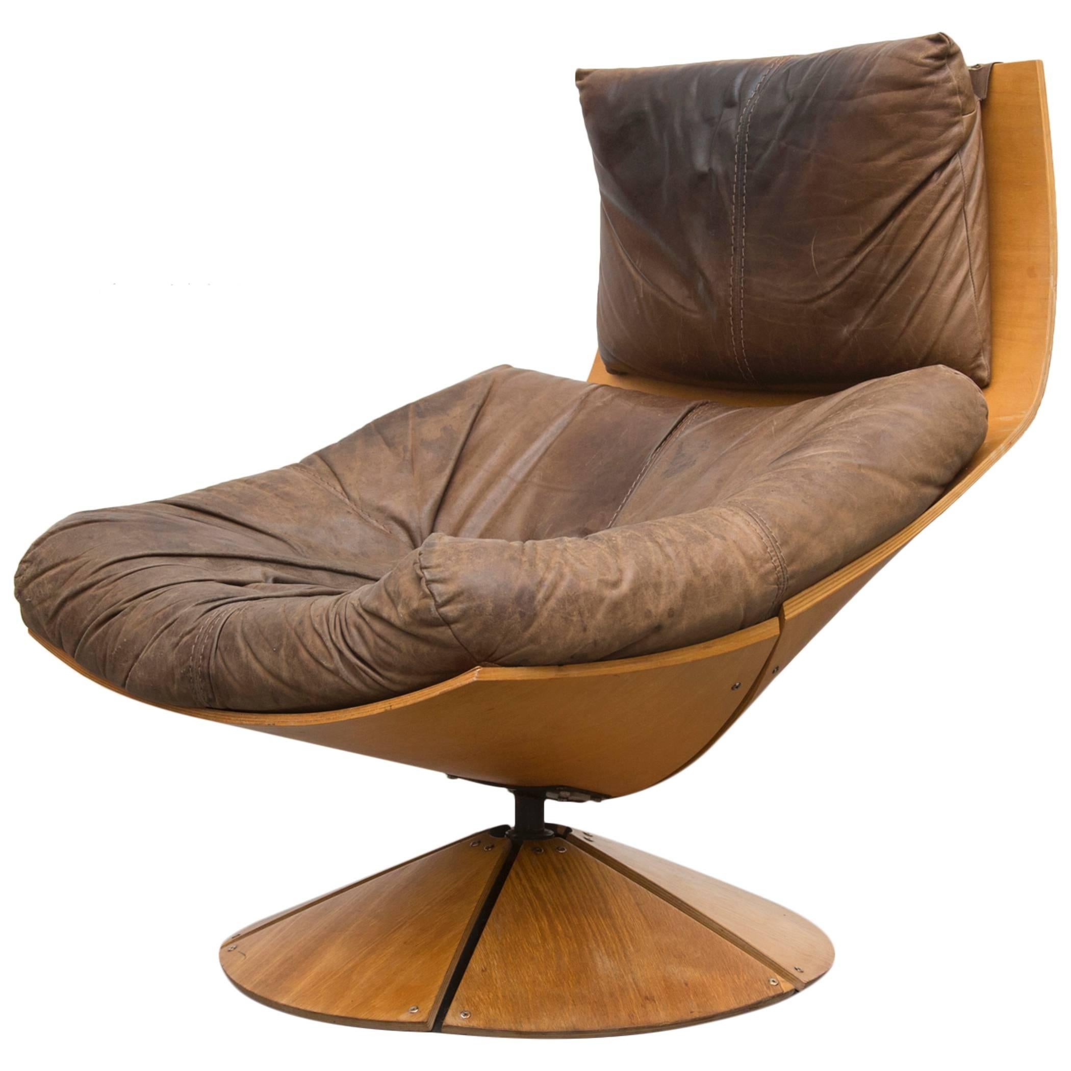 Solid Paneled Wood Gerard Van Den Berg Swivel Lounge Chair with Leather Cushion