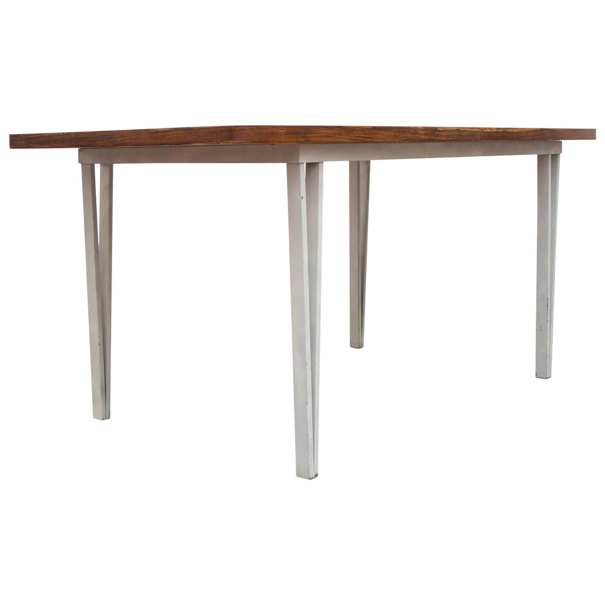 Modern Rosewood Bowed Top Dining Table with White Geometric Metal Frame For Sale