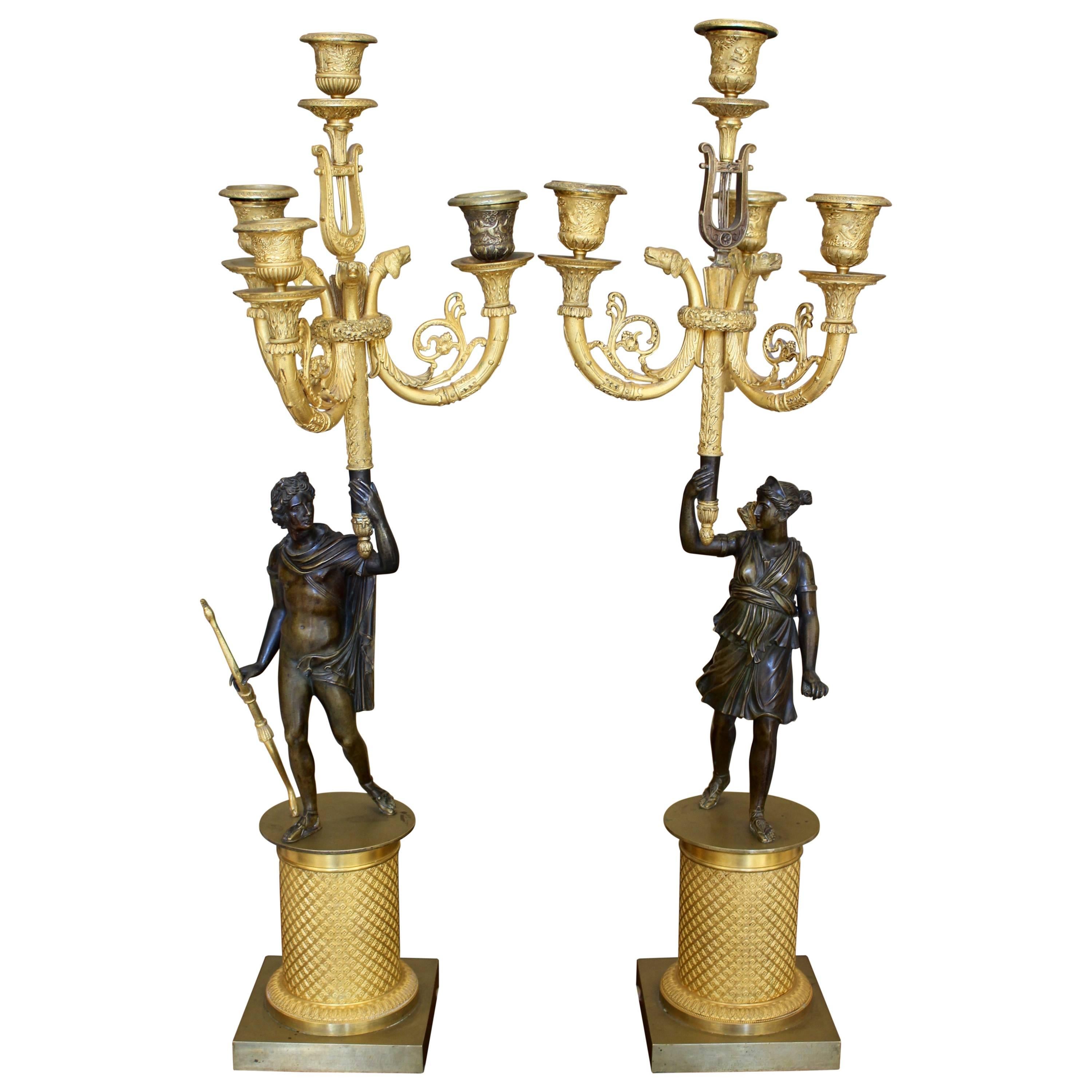 Pair of French Charles X Period Ormolu and Painted Bronze Four-Light Candelabra For Sale