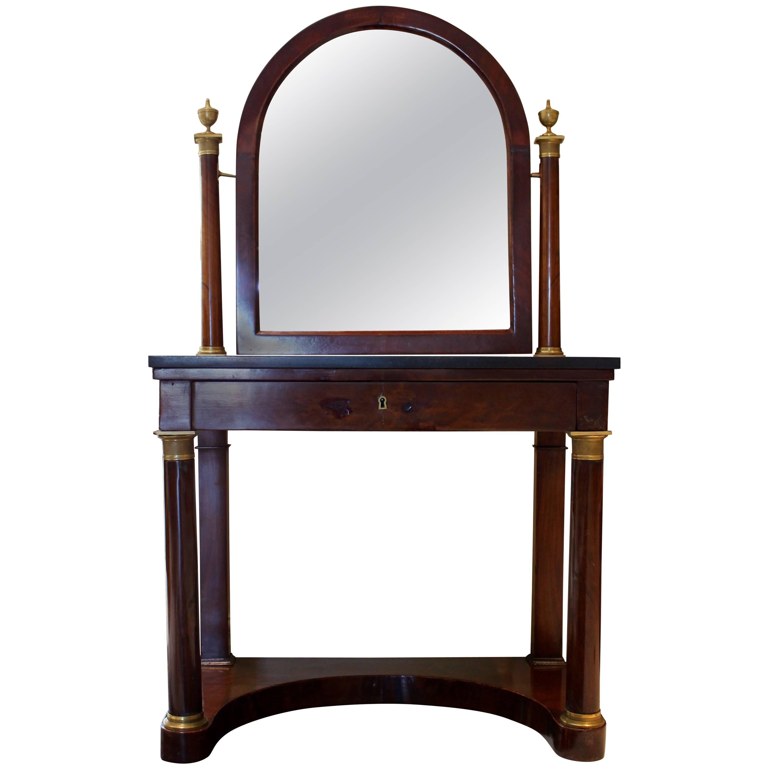 French Empire Ormolu-Mounted Mahogany Dressing Table with Arched Tilted Mirror For Sale