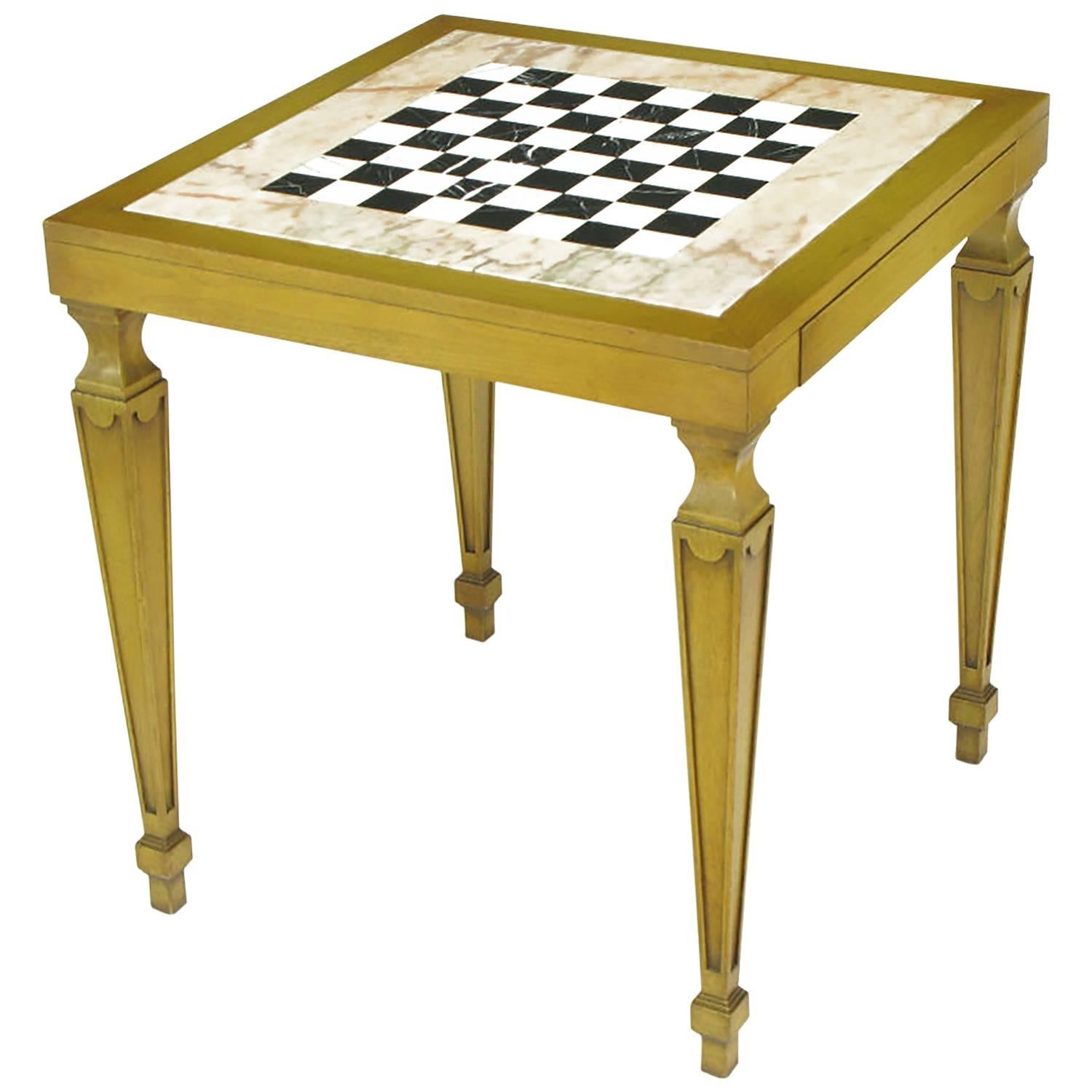Table de jeu Regency en noyer blanchi et marbre incrusté en vente