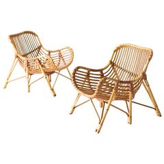 Danish Bamboo and Wicker Lounge Chairs by Laurids Lonborg