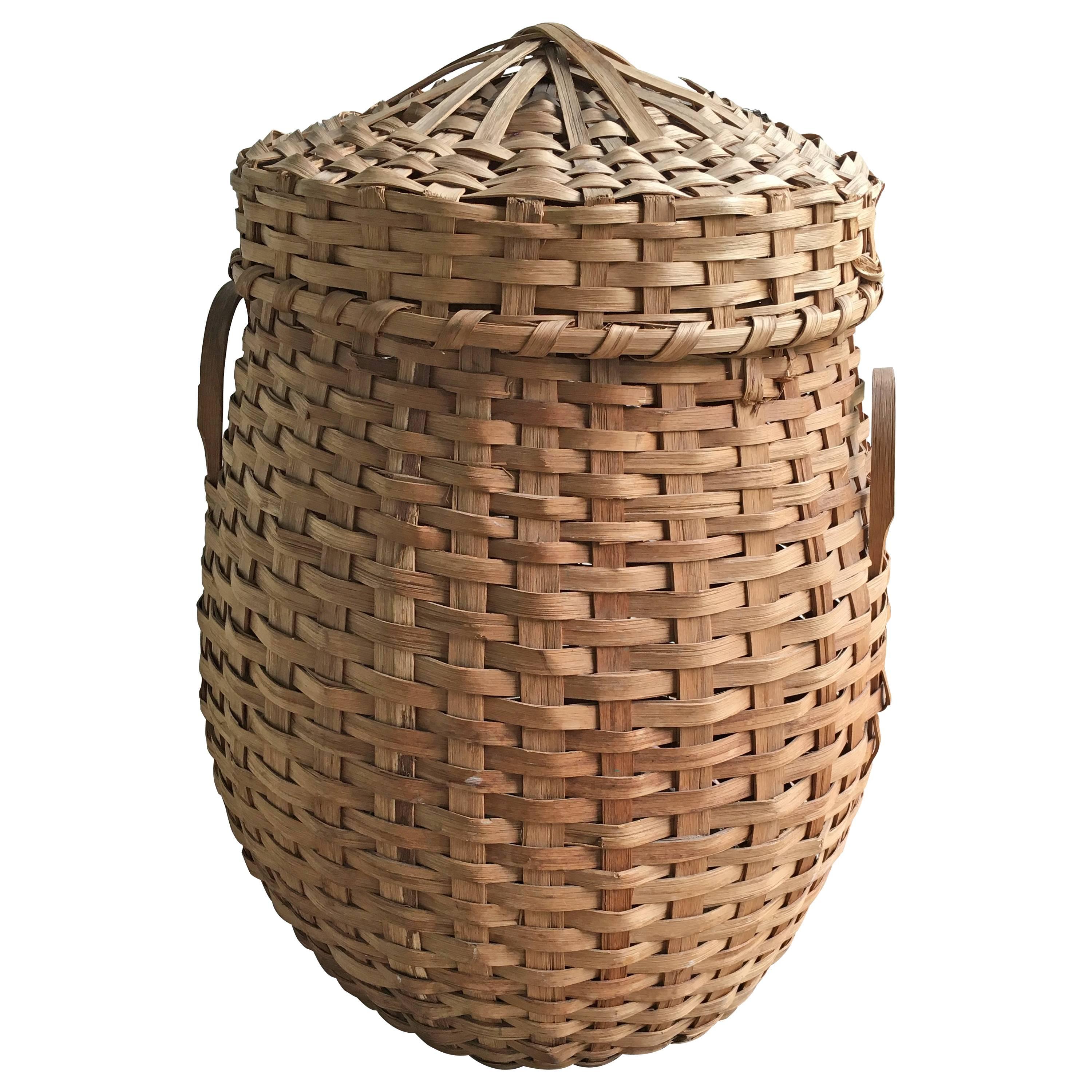 Vintage Woven Basket with Peaked Lid and Splint Handles at 1stDibs lidded woven basket