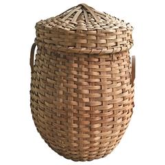 Vintage Woven Basket with Peaked Lid and Splint Handles