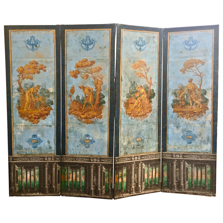 Period French Empire Neoclassical Wallpaper Screen by Zuber of Dufour For Sale