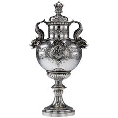 Victorian Solid Silver Figural Trophy Cup and Cover, Garrard, circa 1865