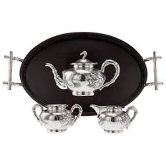 20th Century Chinese Export Tuck Chang Solid Silver Tea Set on Tray, circa 1910