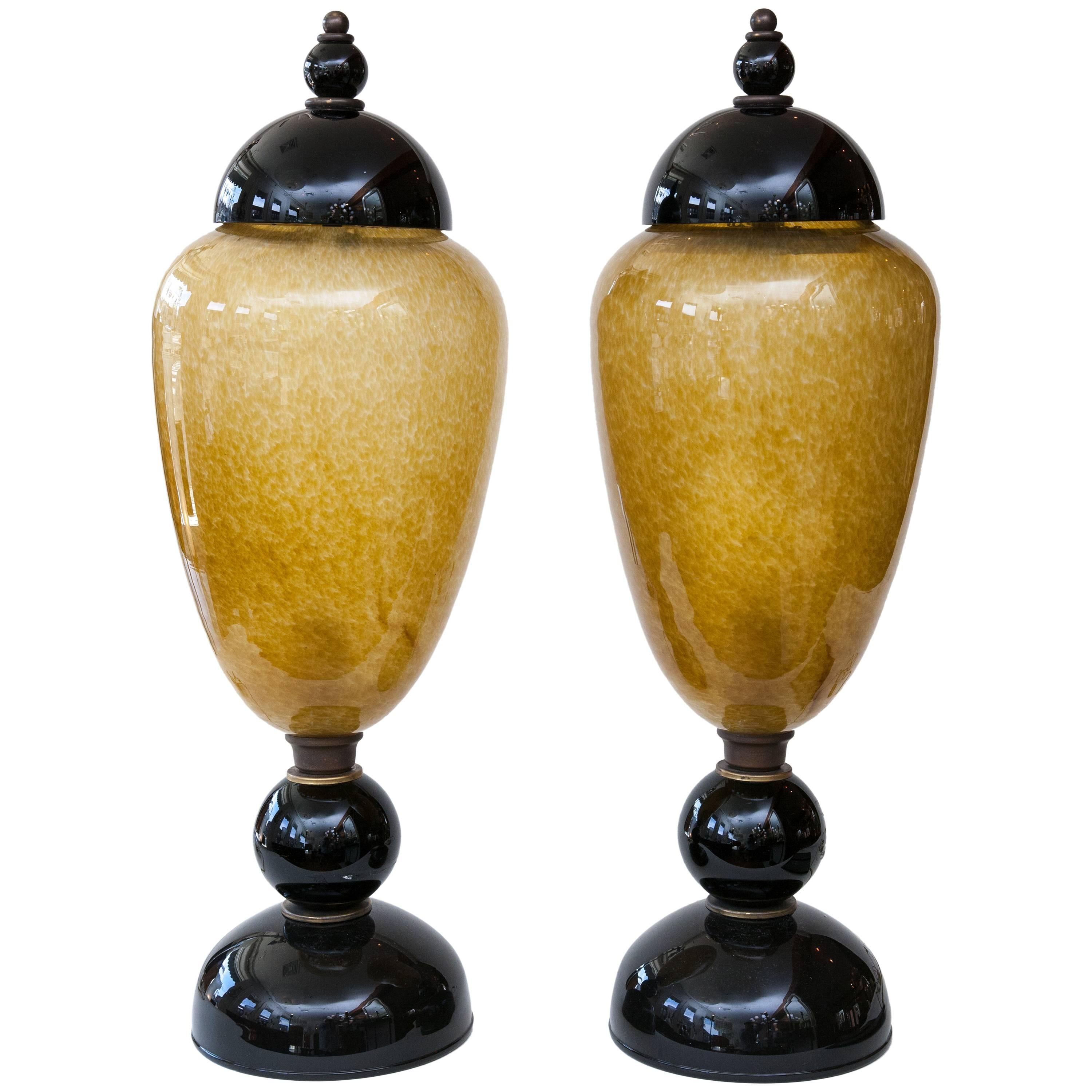 Pair of Rare Vintage Lit Covered Vases