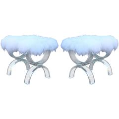 Glamorous Pair of Lucite X Stools with Mongolian Sheepskin