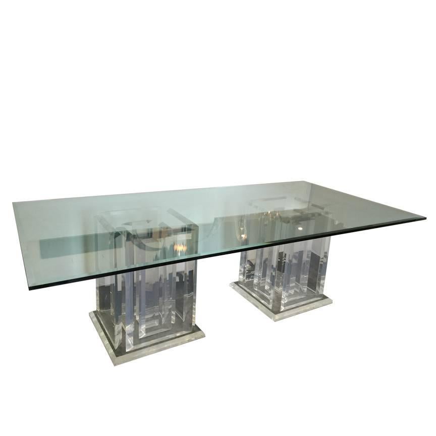 Pair of Lucite Pedestals and Glass Dining Table