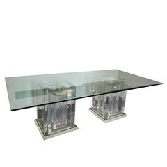 Pair of Lucite Pedestals and Glass Dining Table