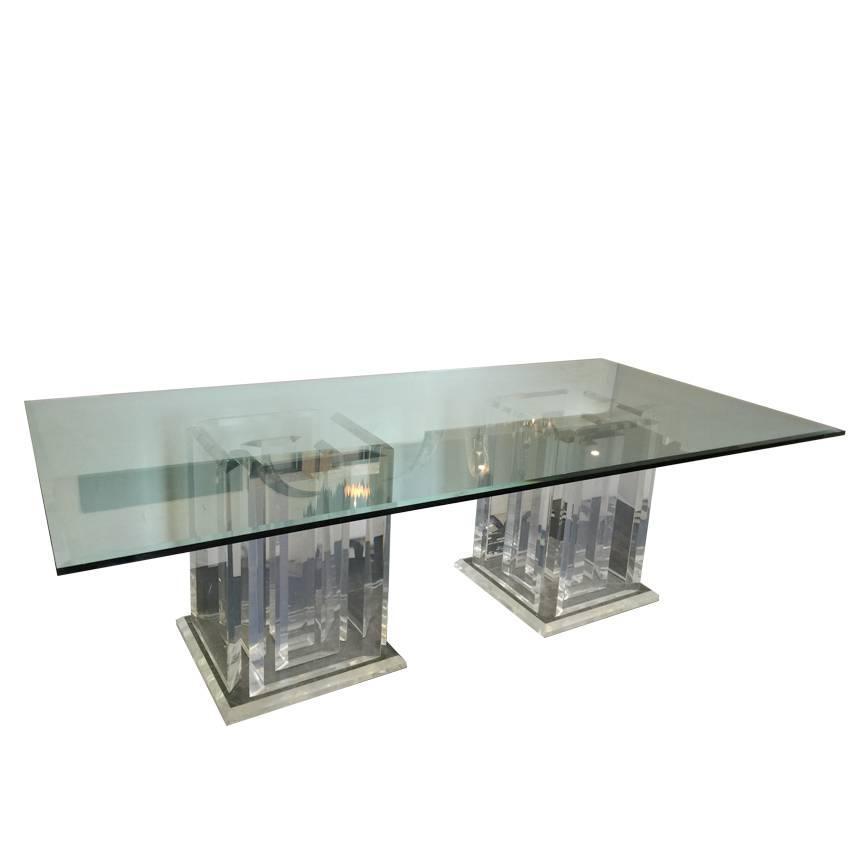 Pair of Lucite Pedestals and Glass Dining Table at 1stdibs