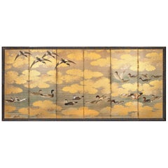 Japanese Six Panel Screen: Audubon Painting of Waterfowl
