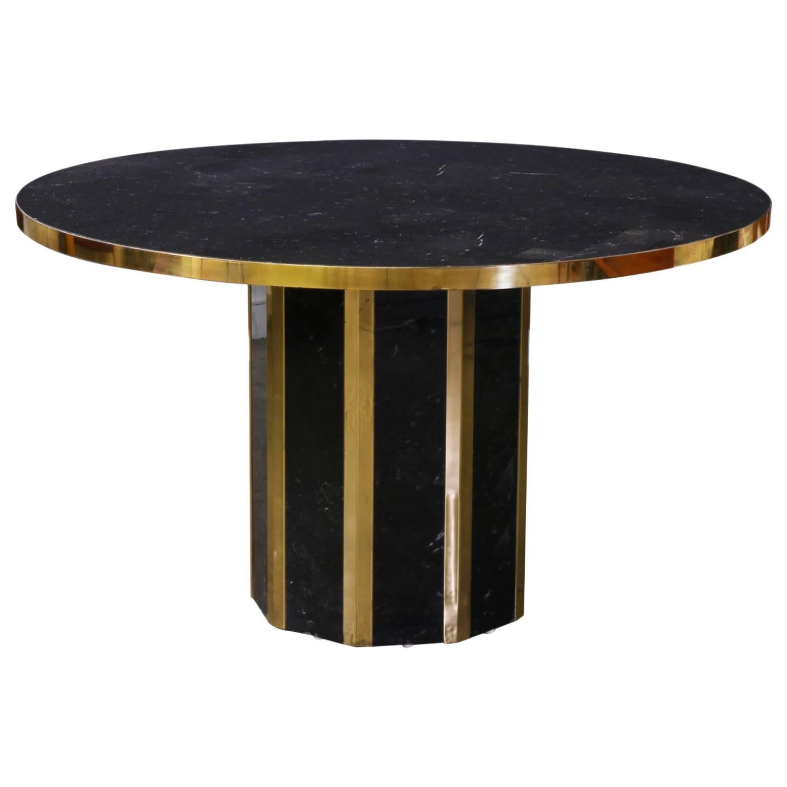 Vintage Black Marble Dining Table with Brass Detail