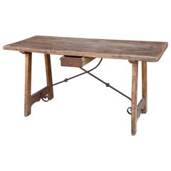 Italian 18th Century Oak or Walnut Table with Small Drawer and Iron Stretcher
