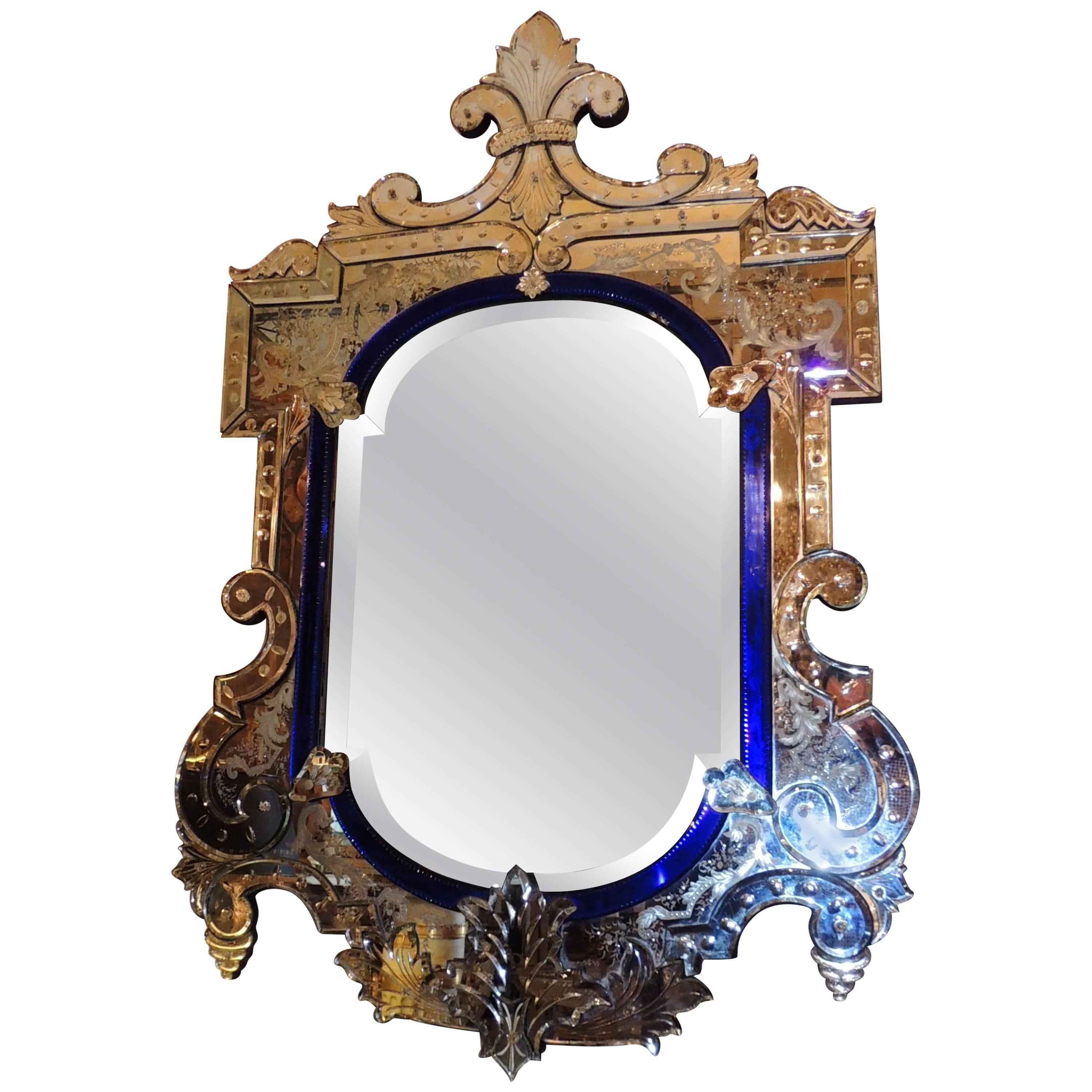 Wonderful Vintage Italian Blue Crystal and Beveled Glass Antique Venetian Mirror