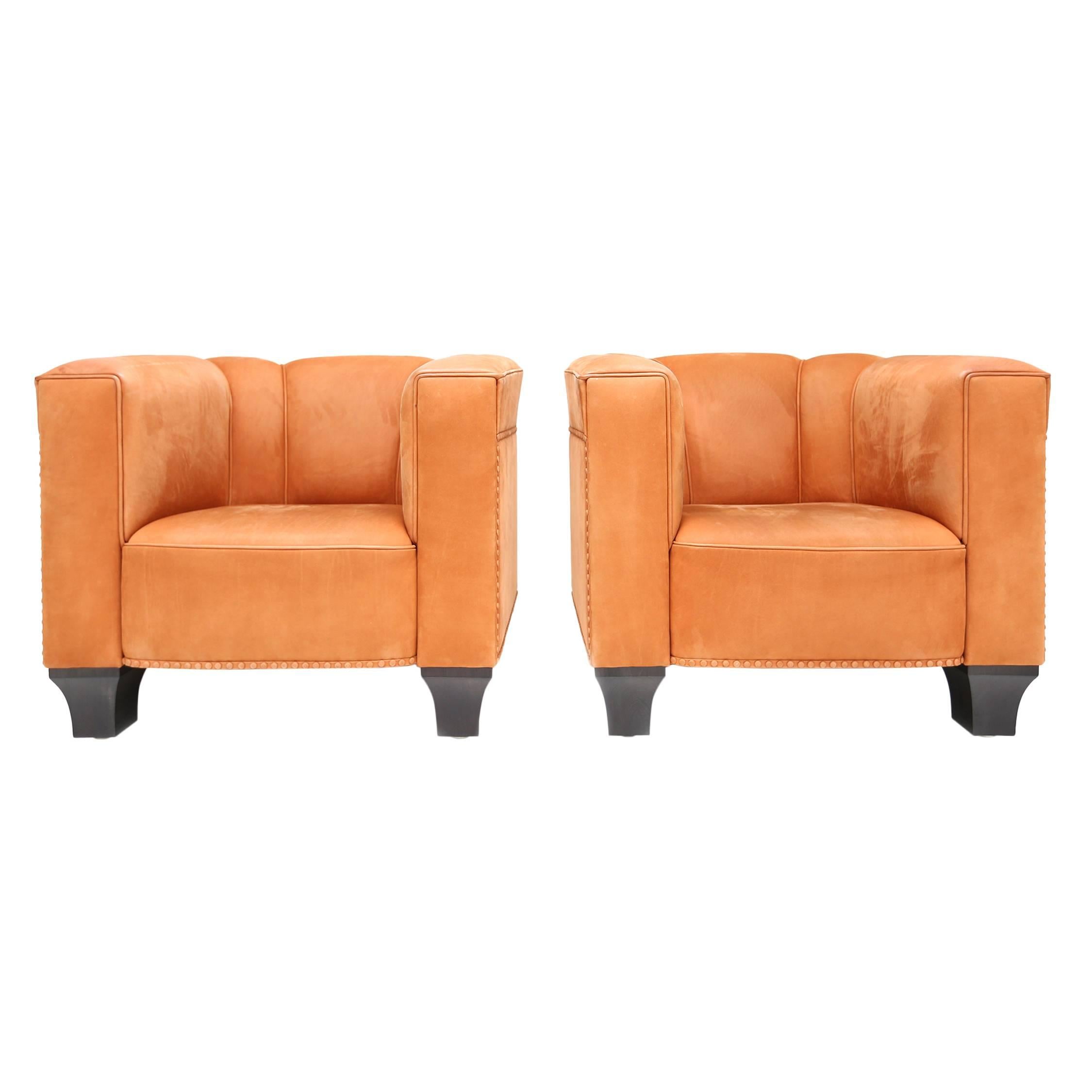Pair of Cognac Suede Club Chairs, Palais Stoclet, Josef Hoffmann