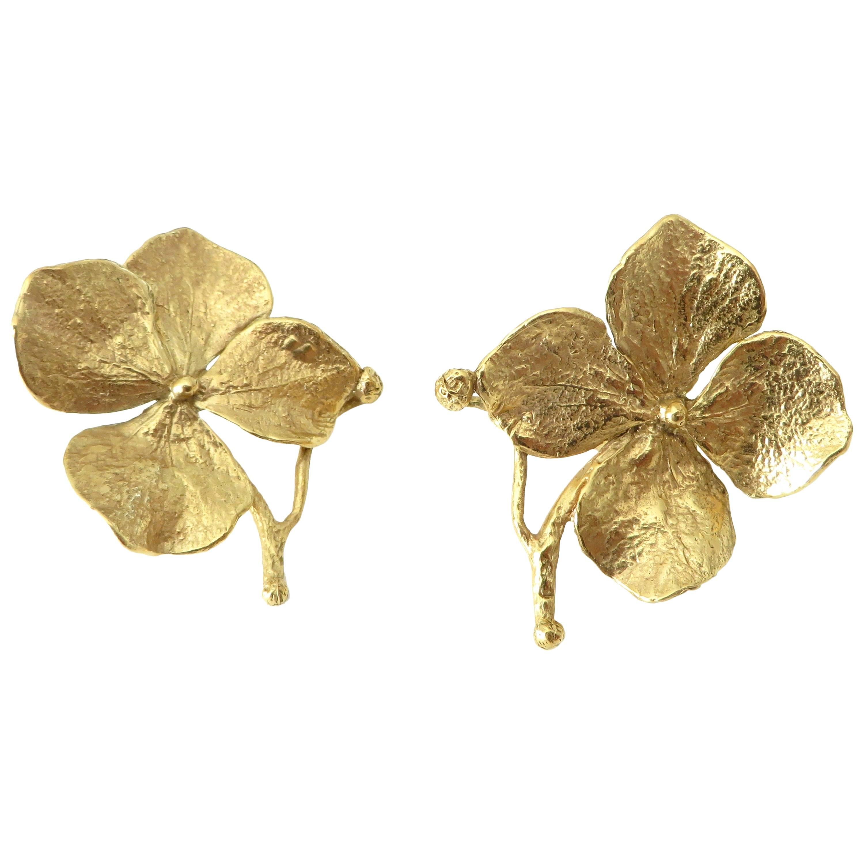 Pair of Hortensia Gilt Bronze Earrings by French Artist Claude Lalanne