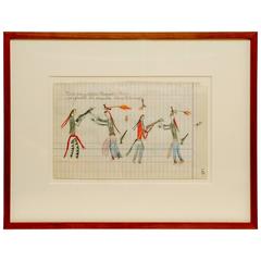 Rare Early 20th Century Crow Ledger Drawing Medicine Crow or Sioux Warrior